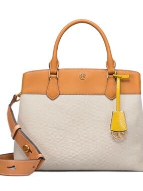 Tory Burch Beige Canvas Satchel with Tan Leather and Yellow Tag